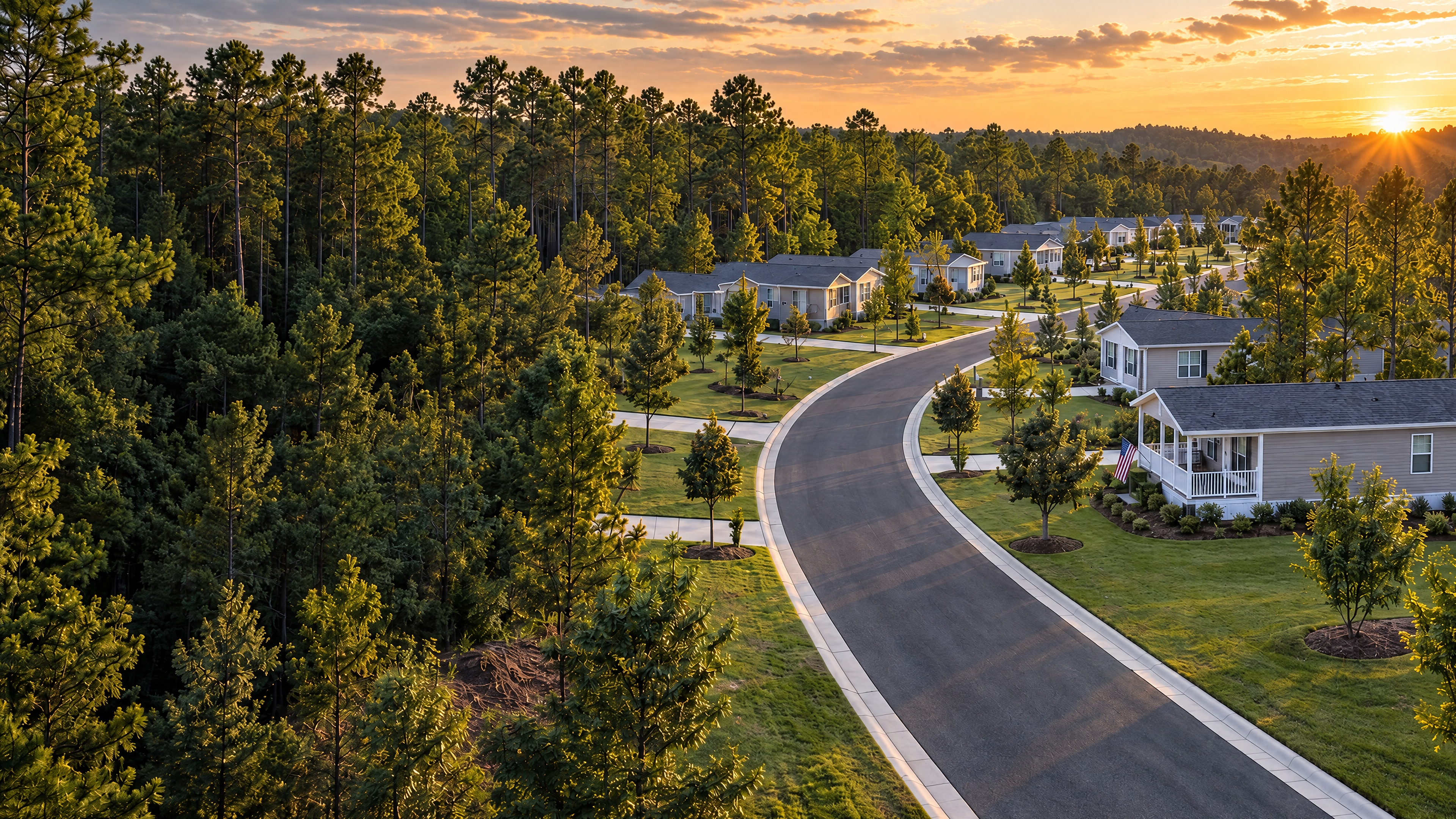 Illustrative manufactured-home community with a row of porch-front homes along a curved road through pine woodland at sunset
